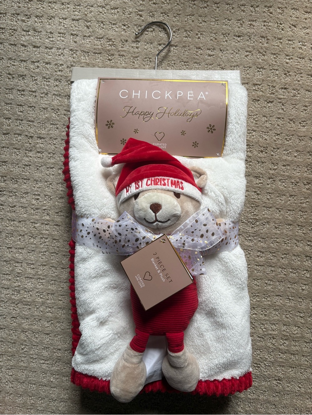 “Chick Pea” Red & White 'My 1st Christmas' Bear and Cozy Blanket